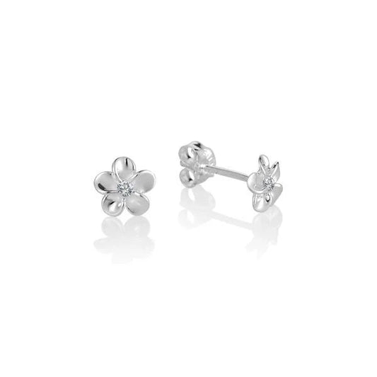 Sterling silver Plumeria CZ hoop earrings, 6mm, featuring sparkling cubic zirconia stones in a delicate floral design.