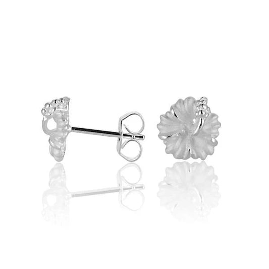 Sterling silver hibiscus earrings with 8mm floral design, crafted from 925 silver, by Ashley's Gift Shop.