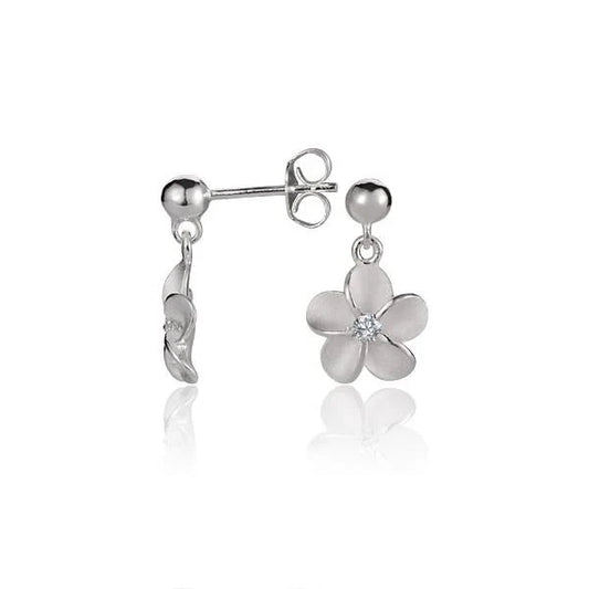 Sterling silver Plumeria CZ bead earring with 10mm flower design, crafted in 925 silver, featuring sparkling cubic zirconia accents.