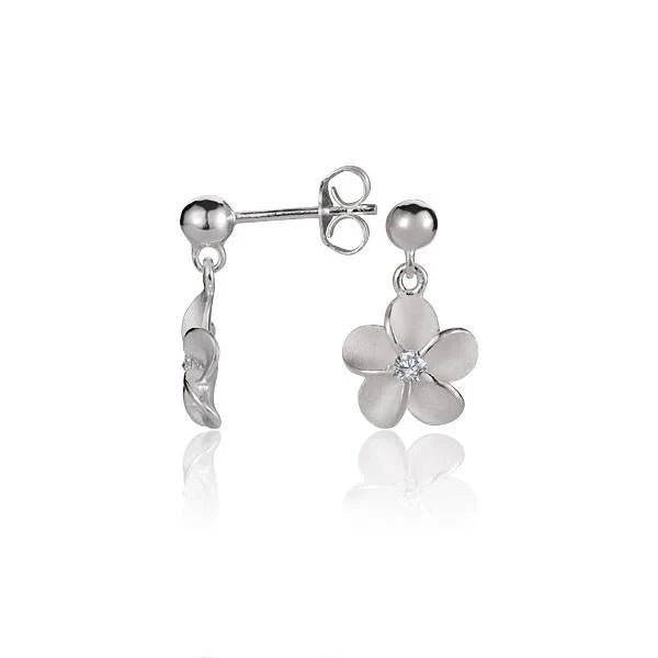 Hawaiian 925 Sterling Silver plumeria CZ bead earring with 10mm flower design, featuring sparkling cubic zirconia accents.