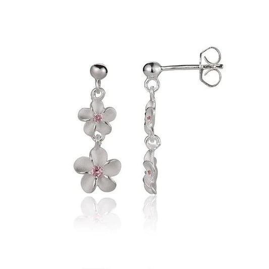 Sterling silver Plumeria Pink CZ bead earring with 6/8mm beads, showcasing a delicate floral design and sparkling pink gemstones.