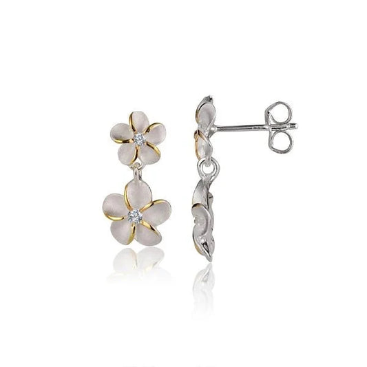 Sterling silver Plumeria CZ bead earring with yellow gold plating, featuring 6/8mm beads and floral design.