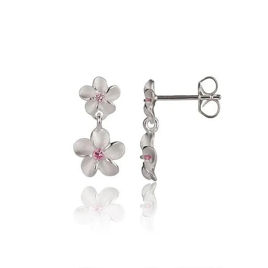 Sterling silver Plumeria Pink CZ bead earrings with 6/8mm beads, featuring elegant floral design and sparkling pink cubic zirconia.