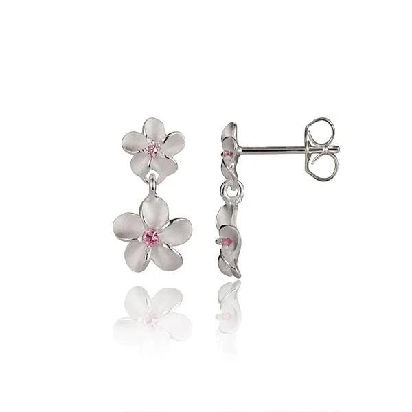 Hawaiian 925 Sterling Silver plumeria Pink CZ bead earring with 6/8mm beads, featuring a delicate floral design.