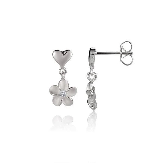Sterling silver Heart Plumeria CZ earring with 6/8mm stones, featuring a delicate floral design and sparkling cubic zirconia accents.