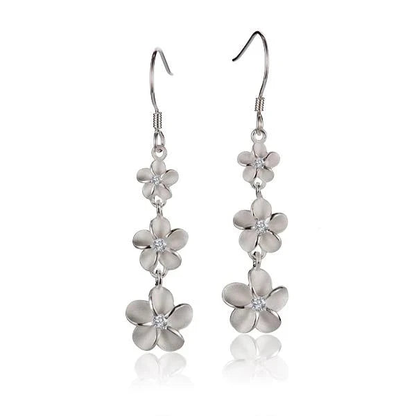 Hawaiian 925 Sterling Silver plumeria CZ hook earrings in 6mm, 8mm, and 10mm sizes, featuring floral design and sparkling.