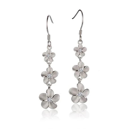 Sterling silver Plumeria CZ hook earrings in 6mm, 8mm, and 10mm with floral design, perfect for elegant jewelry style