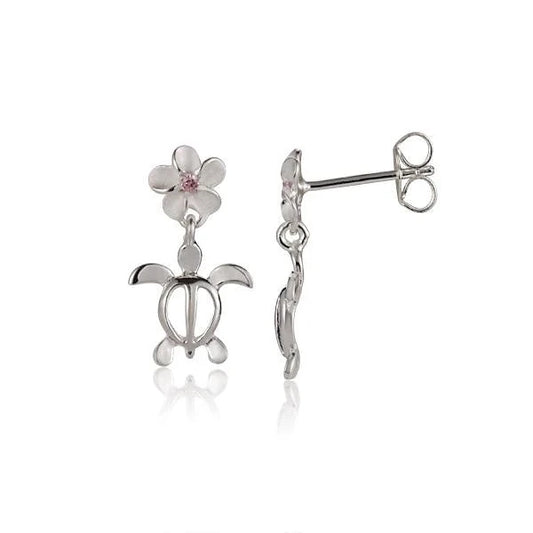 Honu Plumeria Pink CZ earring in 925 sterling silver, 6mm size, featuring a floral design with pink cubic zirconia accents.
