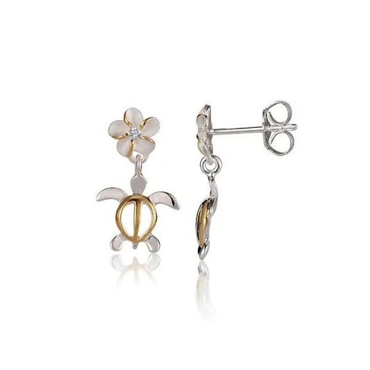Honu Plumeria CZ yellow gold plated sterling silver earring, 6mm, with floral design and sparkling cubic zirconia accents.