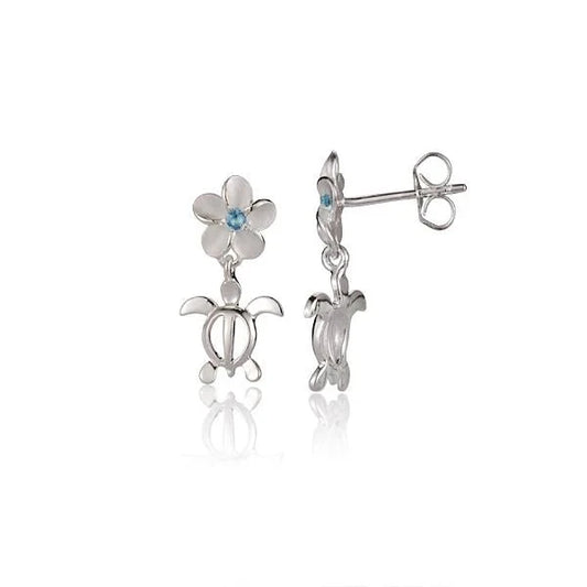 Sterling silver Honu Plumeria Blue CZ earring with 8mm size, featuring a turtle and flower design, crafted by Ashley's Gift Shop.