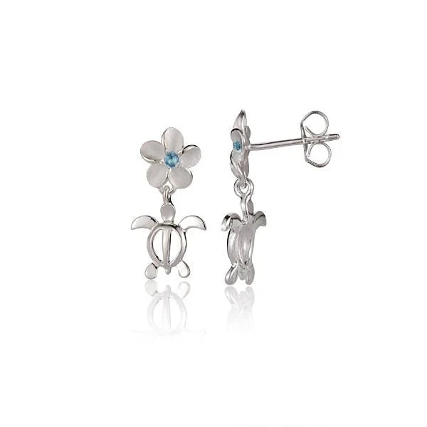 Hawaiian 925 Sterling Silver honu Plumeria Blue CZ earring with 8mm design, featuring intricate turtle and plumeria flower.