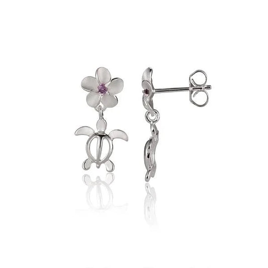 Sterling silver Honu Plumeria purple CZ earring with 8mm size, featuring a tropical turtle and flower design.