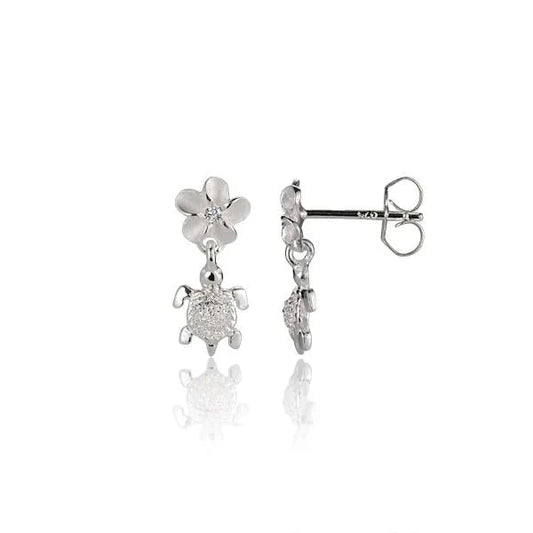 Sterling silver Plumeria Turtle Earring with 6mm design, featuring a detailed turtle and floral motif in a natural pose.
