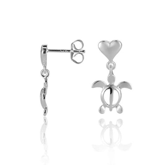 Sterling silver Heart and Honu turtle earrings featuring intricate details, crafted by Ashley's Gift Shop.