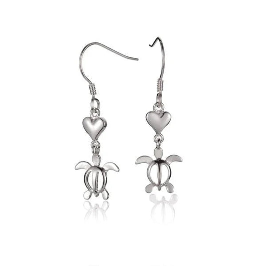 Sterling silver Heart and Honu hook earring featuring a detailed turtle design, crafted by Ashley's Gift Shop.