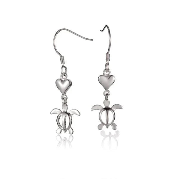 Hawaiian 925 Sterling Silver heart and Honu hook earring featuring a delicate Hawaiian turtle design, hand.
