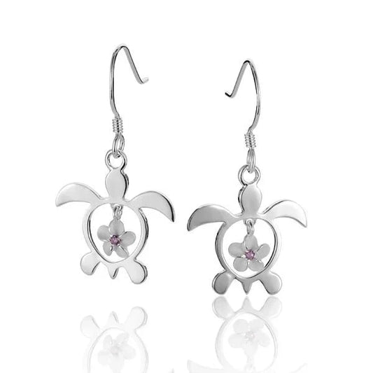 Sterling silver Honu and plumeria CZ hook earring with 6mm beads, featuring intricate ocean-inspired design.