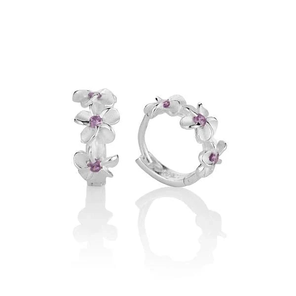 Hawaiian 925 Sterling Silver plumeria purple CZ hook earrings featuring floral design.