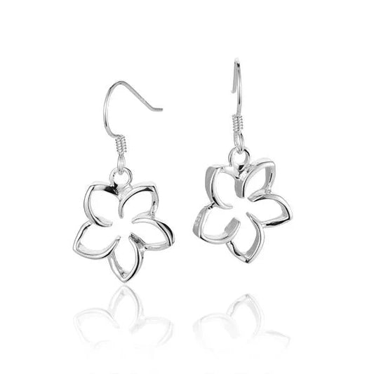 Sterling silver floating plumeria hook earring, 15mm, featuring a delicate floral design, perfect for elegant, everyday wear.