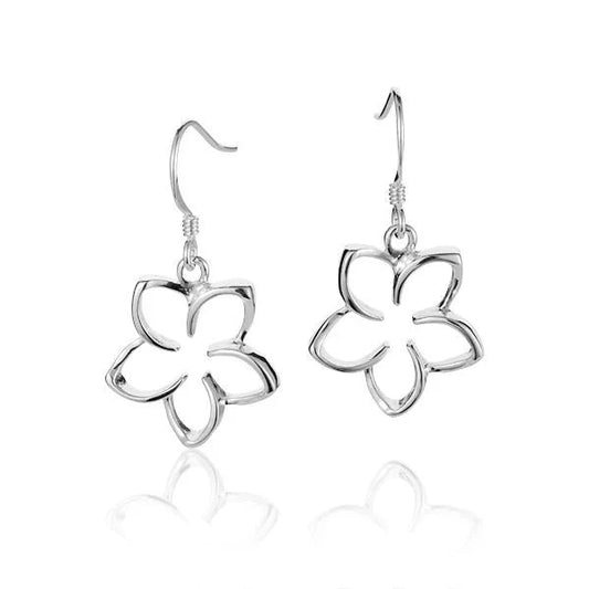 Sterling silver floating plumeria hook earring, 18mm, featuring a delicate flower design, perfect for elegant jewelry styles.