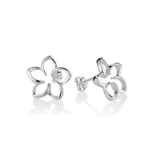 Sterling silver floating plumeria earring, 15mm size, featuring delicate flower design, made by Ashley's Gift Shop.