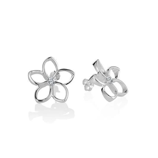 Sterling silver Floating Plumeria CL earring in 18mm with delicate floral design, crafted by Ashley's Gift Shop.