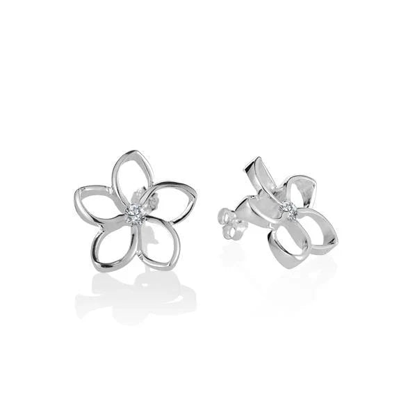Hawaiian 925 Sterling Silver floating Plumeria CL earrings, 18mm, featuring delicate floral design.