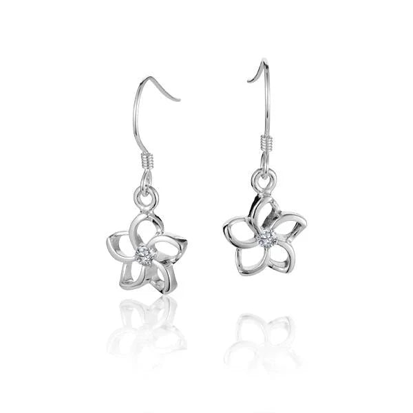 Hawaiian 925 Sterling Silver floating Plumeria CZ hook earring, 10mm, with detailed floral design, jewelry.