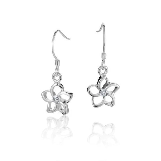 Sterling silver floating Plumeria CZ hook earring, 10mm size, featuring a delicate flower design with sparkling cubic zirconia accents.