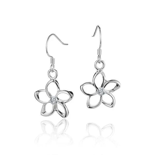 Sterling silver floating plumeria CZ hook earring, 15mm, with floral design and sparkling cubic zirconia accents