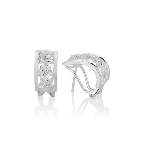 Sterling silver 4 Plumeria CZ half moon earrings featuring sparkling cubic zirconia and intricate floral design.