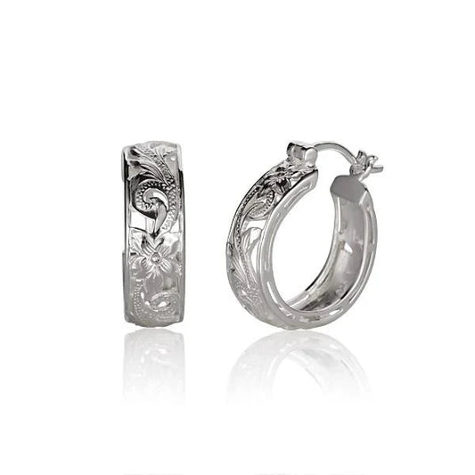 Small round scroll sterling silver earring with intricate design, crafted from 925 silver, by Ashley's Gift Shop.