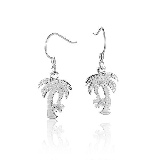 Sterling silver Palm Tree Plumeria hook earring with tropical floral design, crafted by Ashley's Gift Shop.