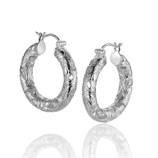 Sterling silver Scroll S/T hoop earring with intricate design, crafted from 925 sterling silver for a stylish and elegant look.