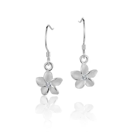 Sterling silver SE Plumeria CZ hook earring with a narrow 10mm design, featuring sparkling cubic zirconia accents.
