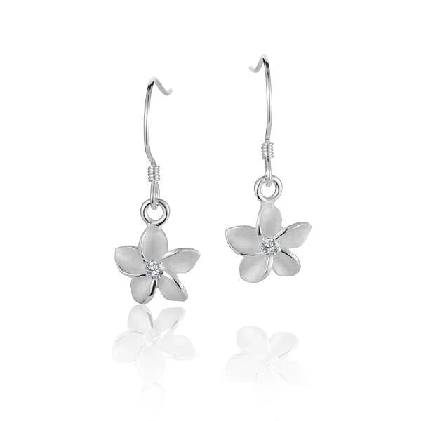 Hawaiian 925 Sterling Silver sE Plumeria CZ hook earring with narrow 10mm design featuring a detailed flower shape.