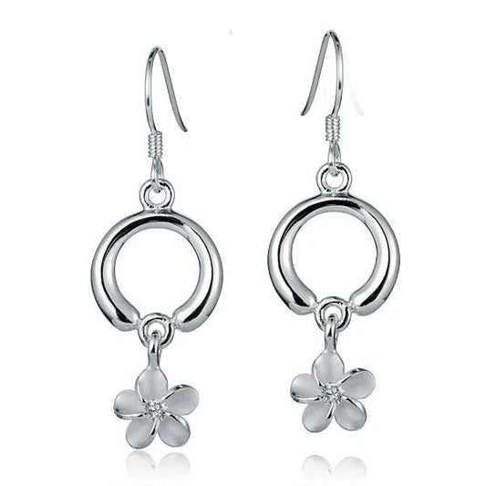 Sterling silver Circle and Plumeria earring featuring a delicate floral design, crafted from 925 silver.