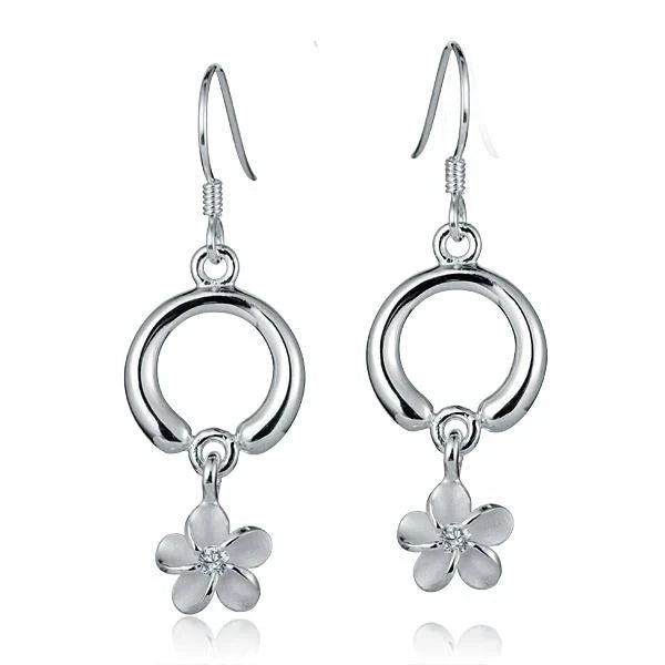 Hawaiian 925 Sterling Silver circle and Plumeria earring featuring a floral design.
