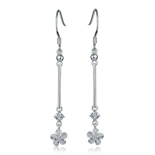 Hawaiian 925 Sterling Silver bead Bar CZ Plumeria Earring with floral design, featuring sparkling cubic zirconia stones.