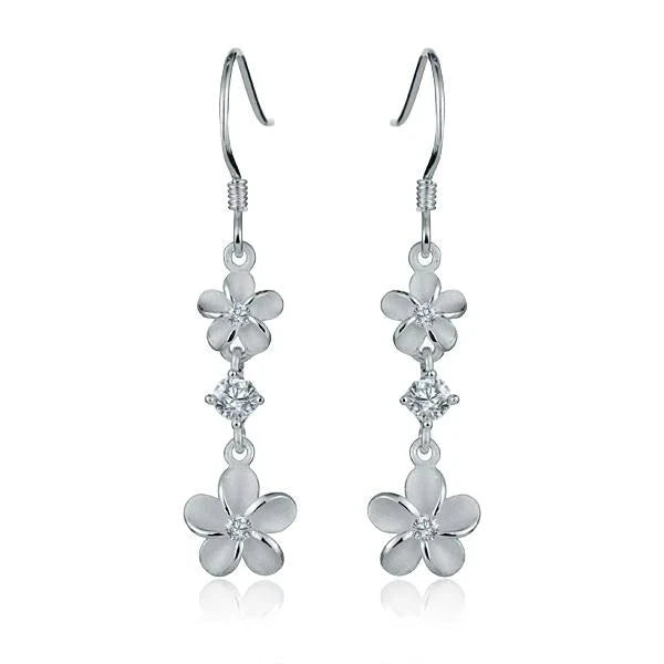Hawaiian 925 Sterling Silver plumeria CZ earring featuring a detailed flower design.