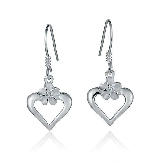 Sterling silver Plumeria Heart earrings featuring delicate floral design, crafted by Ashley's Gift Shop.
