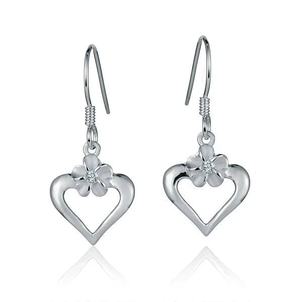 Hawaiian 925 Sterling Silver plumeria Heart Earring with floral design.