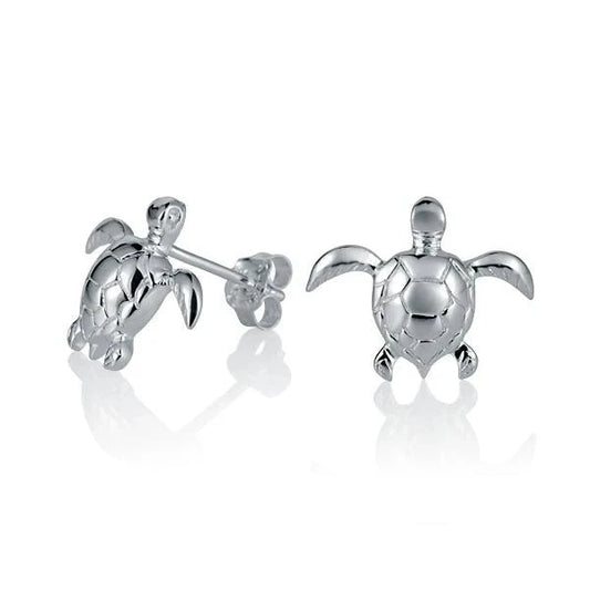 Sterling silver swimming turtle earring featuring a detailed turtle design, perfect for nature-inspired jewelry.