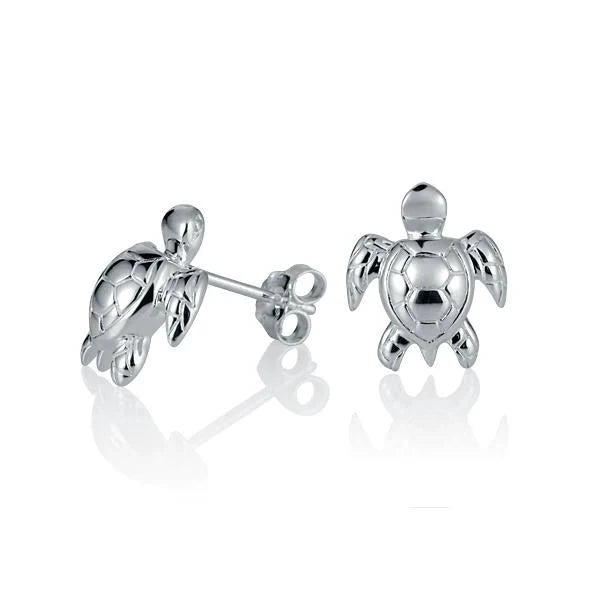 Hawaiian 925 Sterling Silver turtle earring, detailed turtle design on a simple hook post for everyday wear.