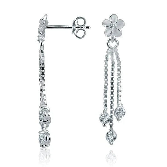 Sterling silver Plumeria 3 CZ earrings featuring floral design, crafted by Ashley's Gift Shop, with sparkling cubic zirconia accents.