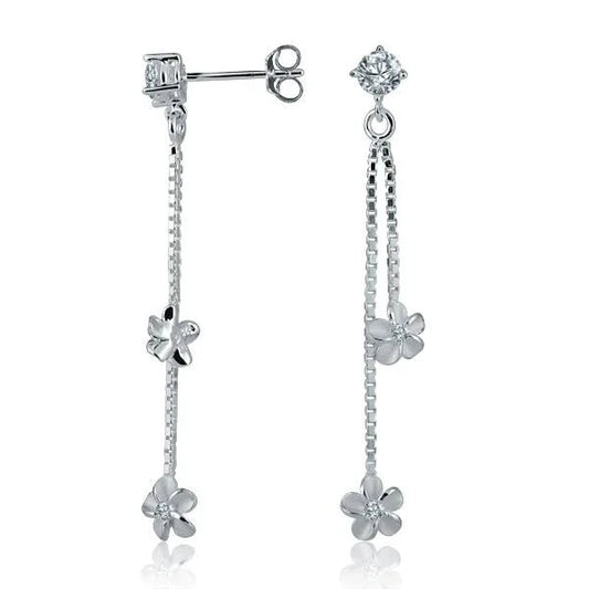 Sterling silver CZ box chain and 2 plumeria earrings, lightweight jewelry with intricate flower details, from Ashley's Gift Shop.