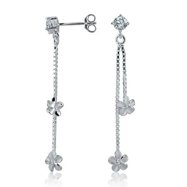 Hawaiian 925 Sterling Silver cZ box chain Plumeria earrings featuring 925 silver craftsmanship, elegant floral design.