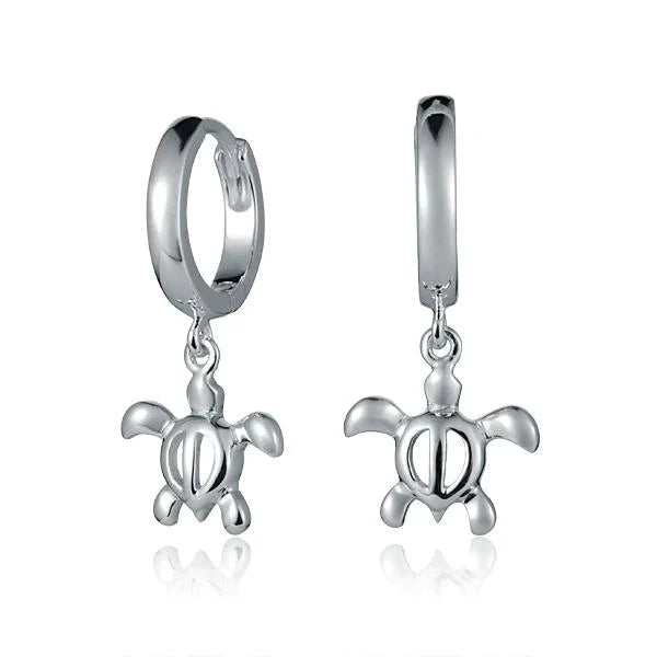 Hawaiian 925 Sterling Silver hoop earring with a dangle Honu turtle charm.