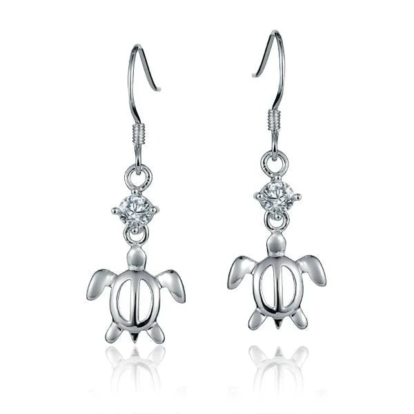Hawaiian 925 Sterling Silver cZ Honu dangle earring featuring a sea turtle design.