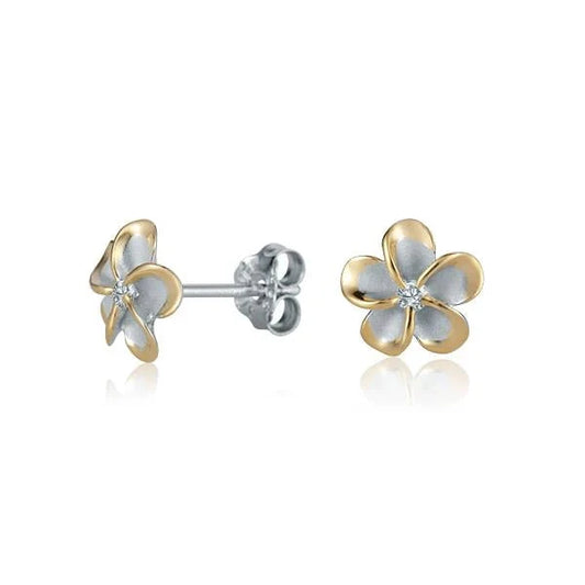 Sterling silver Plumeria CZ post earring with 8mm size, yellow gold plated, featuring a floral design and sparkling cubic zirconia.